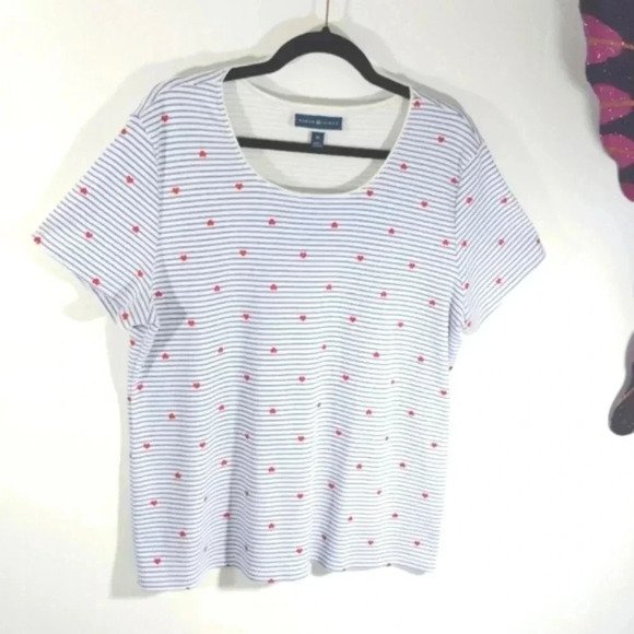 Karen Scott Nautical Hearts XL Tee T-shirt Blue Stripe Red Glitter Hearts - Picture 1 of 14